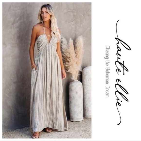 Rough Life-Gray Ivory Boho Halter Raw Edge Maxi Dress - Picture 7 of 13